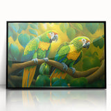Framed wall art featuring a vibrant design of colorful parrots set against a sleek black background, ideal for enhancing modern home decor with a touch of nature.