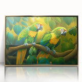 Framed wall art collection showcasing vibrant parrot designs in acrylic, featuring a gold frame and front view display, perfect for tropical-themed decor.