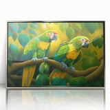 Framed wall art featuring a vibrant design of colorful parrots on a silver-acrylic background, perfect for enhancing modern home decor with a tropical touch.