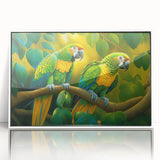 Framed wall art showcasing a vibrant parrots design on acrylic, featuring a white border, ideal for enhancing modern decor with tropical flair.