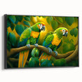 Framed wall art featuring a vibrant design of colorful parrots on a textured canvas, showcasing a black frame and side view for elegant home decor.