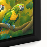 Close-up of a vibrant framed canvas featuring a colorful parrot design, showcasing intricate details and textures, perfect for nature-themed decor.