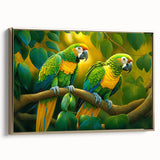 Framed wall art featuring a vibrant design of parakeets and parrots in lush greenery, showcasing rich colors and intricate details, perfect for bird lovers.