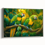 Framed wall art featuring vibrant parrots in a colorful design, set against a silver backdrop, showcasing a modern aesthetic for home decor.