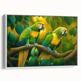 Framed wall art featuring a vibrant design of colorful parrots on canvas, showcasing intricate details and vivid colors, ideal for enhancing living spaces.