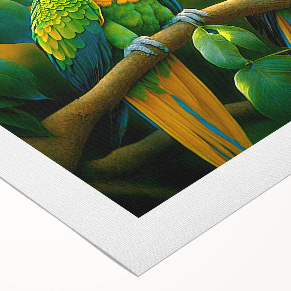 Vibrant rolled canvas artwork showcasing a colorful design of various parrots, ideal for bird lovers and home decor enthusiasts, rolled for easy shipping.
