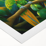 Vibrant rolled canvas artwork showcasing a colorful design of various parrots, ideal for bird lovers and home decor enthusiasts, rolled for easy shipping.