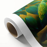 Vibrant rolled canvas showcasing a colorful parrot design, perfect for tropical decor. The artwork features detailed illustrations of various parrots against a lush green background, ideal for adding a lively touch to any room.