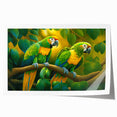 Vibrant rolled print of colorful parrots in a tropical design, perfect for home decor, showcasing intricate details and vivid hues, rolled for easy framing.