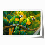Vibrant rolled print of colorful parrots in a tropical design, perfect for home decor, showcasing intricate details and vivid hues, rolled for easy framing.