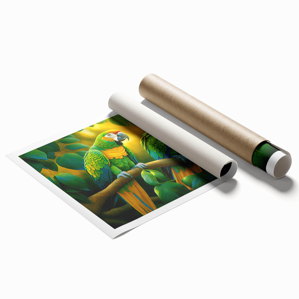 Vibrant rolled wall art print showcasing a colorful collection of tropical parrots perched amid lush greenery, ideal for enhancing home decor or office spaces.