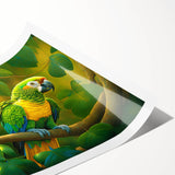 Vibrant wall art print showcasing a colorful collection of exotic parrots perched on branches, ideal for nature-themed decor. Perfect for adding a tropical touch to any room.