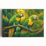 Vibrant stretched canvas wall art showcasing a colorful parrot design against a bright background, ideal for tropical-themed decor or bird lovers.
