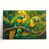 Colorful canvas wall art featuring a vibrant design of tropical birds and parrots, showcasing intricate details and bright hues, perfect for home decor.