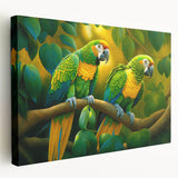 Vibrant wall art canvas showcasing a colorful design of various parrots perched amongst lush tropical foliage, ideal for adding a lively touch to any interior space.