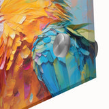 Close-up of vibrant acrylic wall art featuring a colorful parrot design, showcasing intricate details and textures, perfect for bird enthusiasts and home decor.