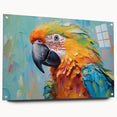 Colorful wall art design featuring vibrant parrots on acrylic glass, showcasing a side view with pins for easy hanging, perfect for tropical-themed decor.