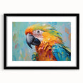 Framed wall art featuring a vibrant, colorful design of tropical birds and parrots, set in a sleek black frame with a white mat, ideal for enhancing home decor.