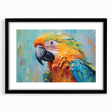 Framed wall art featuring a vibrant, colorful design of tropical birds and parrots, set in a sleek black frame with a white mat, ideal for enhancing home decor.