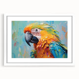 Framed wall art showcasing a vibrant design of colorful parrots, featuring a white mat and sleek black frame, perfect for enhancing modern home decor.