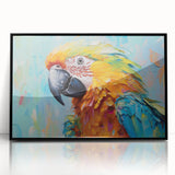 Framed wall art collection showcasing a vibrant design of colorful parrots on a black background, perfect for adding a tropical touch to any room.