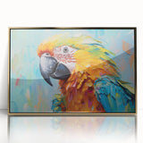 Framed wall art featuring a vibrant parrot design in gold-acrylic finish, showcasing colorful birds on a white background, perfect for enhancing modern decor.