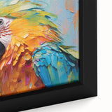 Close-up of a vibrant wall art collection featuring colorful parrots on a textured canvas, framed elegantly, perfect for adding a tropical touch to your decor.