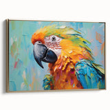 Framed canvas wall art featuring a vibrant collection of colorful parrots set against a gold background. This eye-catching design adds a tropical flair to any decor.