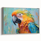 Framed canvas wall art featuring a vibrant birds and parrots design in a silver frame, showcasing colorful tropical birds against a nature-inspired backdrop, ideal for home or office decor.