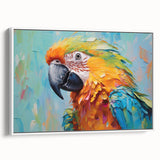 Framed wall art featuring a vibrant collection of parrot designs on canvas, showcasing colorful tropical birds against a white background, perfect for home decor.