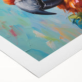 Vibrant wall art design showcasing colorful parrots in a tropical setting, printed on rolled canvas for easy display, perfect for enhancing home decor.