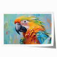 Vibrant rolled wall art print showcasing a colorful collection of exotic parrots in a lush tropical setting, ideal for nature lovers and bird enthusiasts.