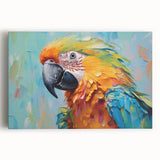 Vibrant wall art featuring colorful parrots in a tropical setting, printed on stretched canvas, perfect for adding a lively touch to home decor.