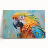 Colorful wall art featuring a vibrant collection of parrot designs on stretched canvas, showcasing detailed illustrations of various parrot species in a tropical setting. The artwork is ideal for adding a lively and exotic touch to home or office decor, emphasizing rich colors and intricate details that capture the beauty of these birds.
