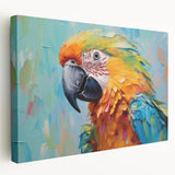 Colorful wall art featuring a collection of vibrant parrot designs on stretched canvas, displayed in a side view. Perfect for adding a tropical touch to home decor.