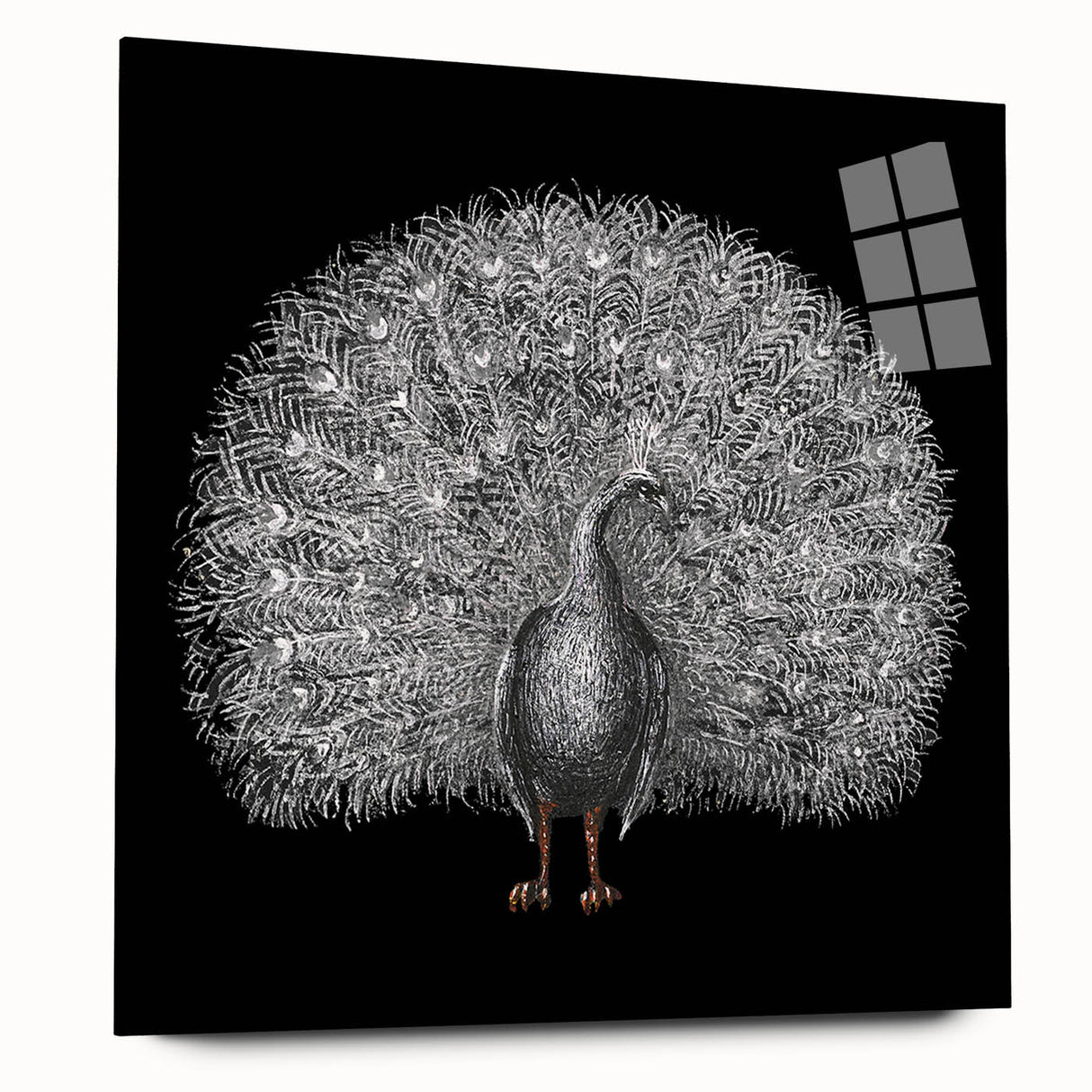 Vibrant peacock design wall art made of acrylic glass, showcasing striking colors and intricate details from a side view, ideal for enhancing modern decor.