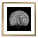 Elegant wall art featuring a peacock design in vibrant colors, framed with a gold finish and a white mat, perfect for enhancing living spaces and home decor.