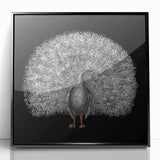 Framed acrylic wall art showcasing a vibrant peacock design, featuring intricate details and bold colors, ideal for home decor enthusiasts and bird lovers.