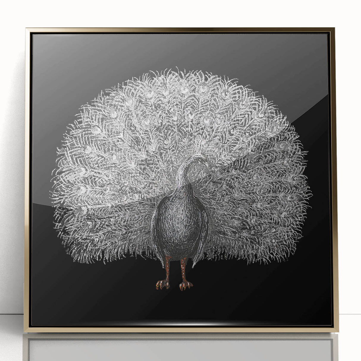 Framed wall art featuring a vibrant peacock design with intricate details and a gold-accented frame, perfect for adding elegance to home decor.