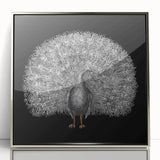 Framed wall art featuring a vibrant peacock design in rich colors, with a sleek silver frame, ideal for elegant home decor. Perfect for nature lovers and art enthusiasts.