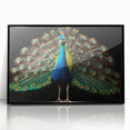Framed wall art featuring an intricate peacock design with vibrant colors, set against a sleek black frame, perfect for enhancing modern home decor.