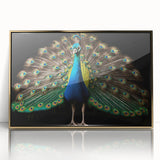 Framed wall art featuring an elegant peacock design with intricate details and a gold-acrylic finish, ideal for adding a touch of luxury to home decor.