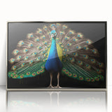 Framed wall art featuring a vibrant peacock design with intricate details and shimmering silver accents, perfect for adding elegance to home decor.