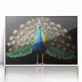 Framed wall art featuring an intricate peacock design in vibrant colors, showcased in an elegant white frame, perfect for enhancing modern decor.