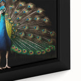 Close-up of a vibrant framed canvas wall art featuring a detailed peacock design with rich blues and greens, ideal for enhancing home decor and aesthetics.