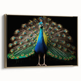 Framed canvas wall art featuring an elegant peacock design with intricate details and vibrant gold accents, ideal for adding a touch of sophistication to modern decor.