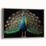 Framed canvas wall art featuring a vibrant peacock design in rich colors, highlighted by a sleek silver frame, perfect for adding elegance to any decor.
