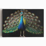 Vibrant peacock-themed wall art on stretched canvas, showcasing intricate feather patterns in rich blues and greens, perfect for elegant home decor.