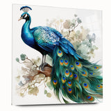 Vibrant peacock design wall art collection displayed in acrylic glass, showcasing intricate details and vivid colors, perfect for modern home decor.