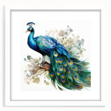 Peacock design wall art featuring vibrant colors and intricate details, framed with a white mat, ideal for adding elegance to any decor. Perfect for nature lovers and art enthusiasts.